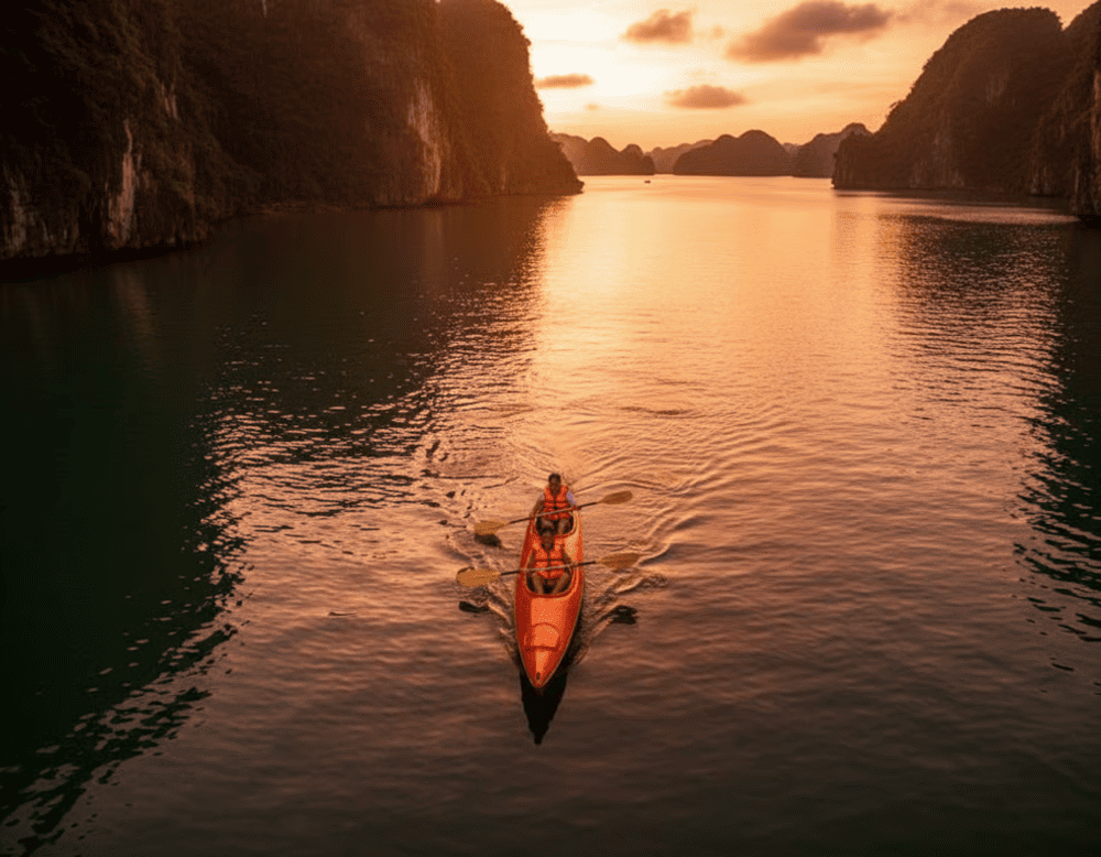 Du khách chèo thuyền kayak dạo quanh hồ nước ngọc lục bảo, len lỏi qua các vách đá.